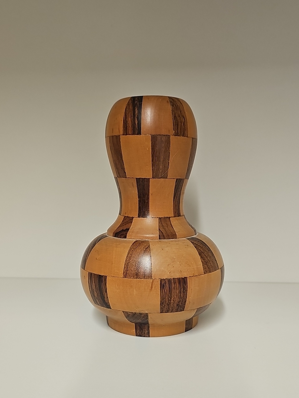 Vintage Rare Beautiful Hand-Turned Segmented Wooden Vase w/ Geometric Pattern